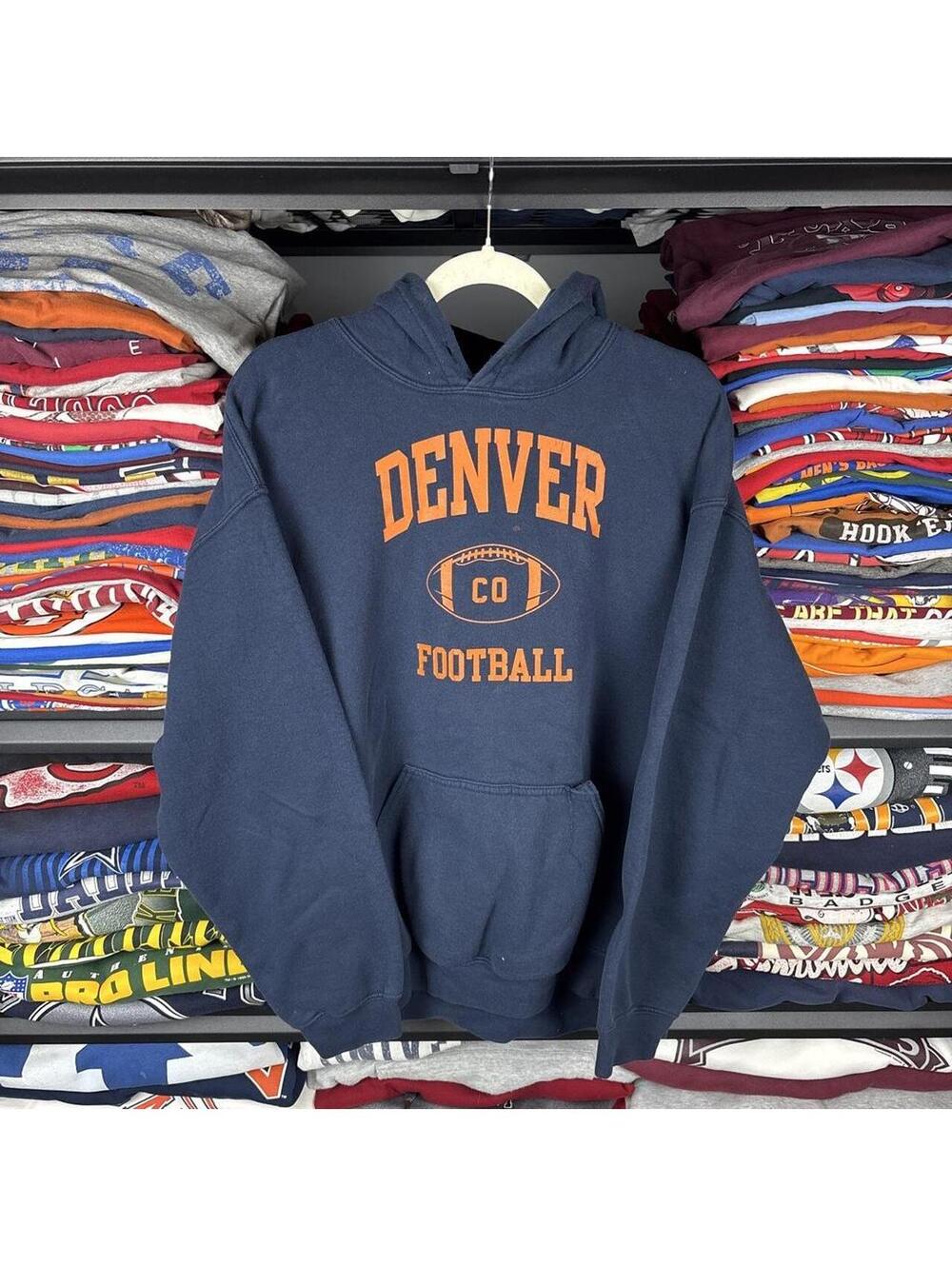 Vintage Y2K Denver Colorado Football Hoodie Gildan Navy Orange